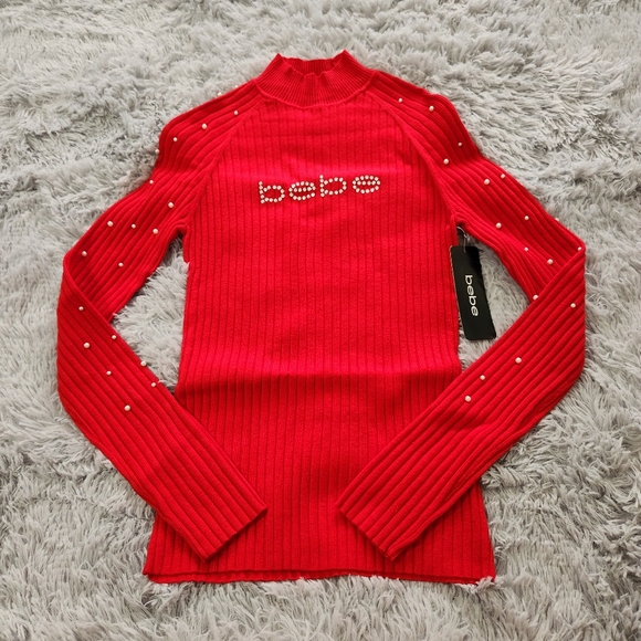Bebe Red Rhinestone Logo Faux Pearl Embellished Long Sleeve Shirt - Picture 1 of 8